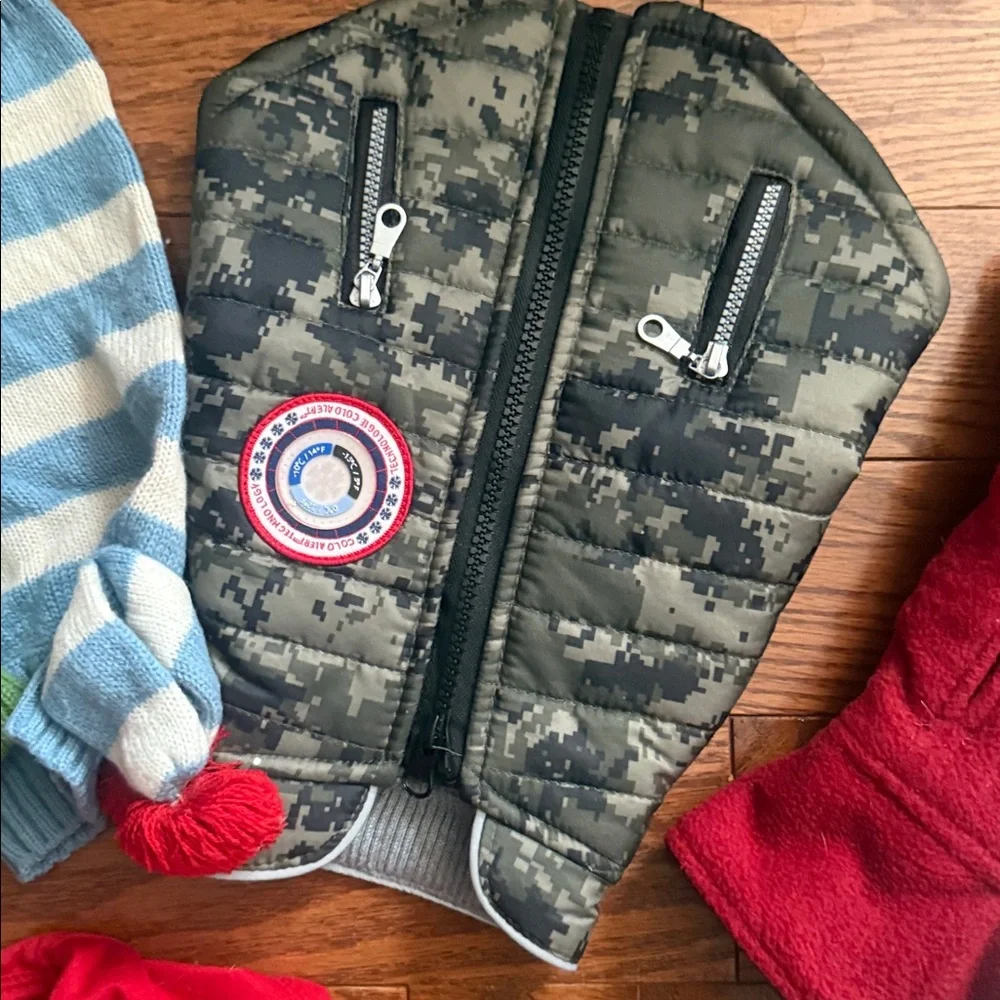 Assorted 9 Dog Sweaters and Accessories for small dog.